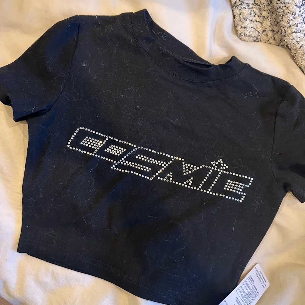 Black Baby Tee with Rhinestone Logo